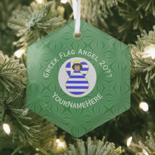 Greek Flag Black Haired Angel Year Name Hexagon Glass Tree Decoration