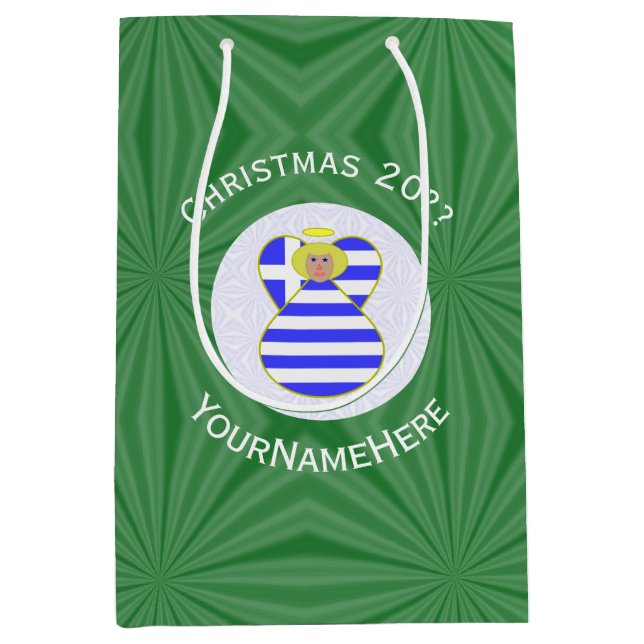 Greek Flag Blonde Christmas Angel Personalised Medium Gift Bag (Front)