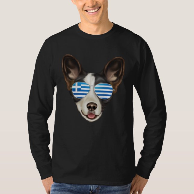 Greek Flag Cardigan Welsh Corgi Dog Greece Pocket T-Shirt (Front)