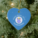 Greek Flag Hanukkah Angel Blonde Year Name Heart Ceramic Tree Decoration<br><div class="desc">Design, intended for Hanukkah, features a blonde haired angel wearing the flag of Greece. She flies in a white circle of squiggly squares. White letters read GREEK ANGEL 20?? and, also, have a space for your name, or, someone else's. The background is blue squiggly squares. Colors, blue and white, were...</div>