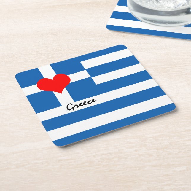 Greek flag & Heart - Greece travel/sports fans Square Paper Coaster (Angled)