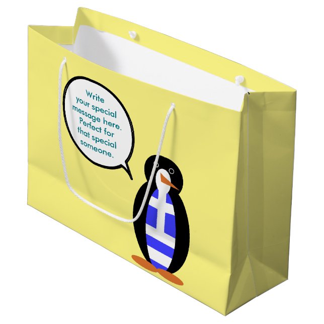 Greek Flag Talking Ms Penguin Personalised Large Gift Bag (Front Angled)