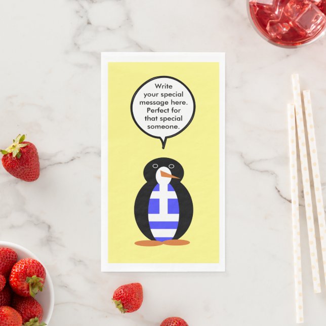 Greek Flag Talking Ms Penguin Personalised Napkin (Insitu)