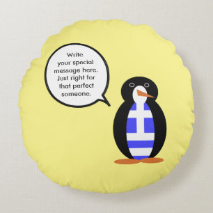 Greek Flag Talking Ms Penguin Personalised Round Cushion
