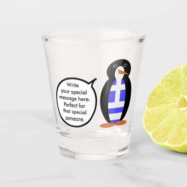 Greek Flag Talking Ms Penguin Personalised Shot Glass (Front)