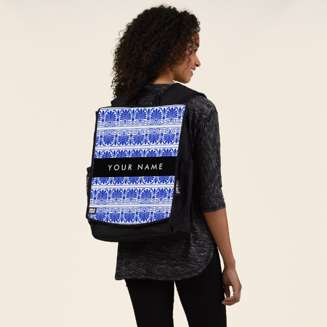 Greek Fret Arabesque Blue, Your Name, Personalise Backpack (Worn)