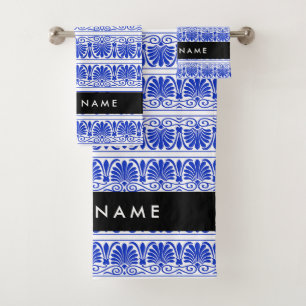 Greek Fret Arabesque Blue, Your Name, Personalise Bath Towel Set
