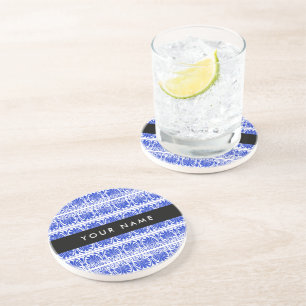 Greek Fret Arabesque Blue, Your Name, Personalise Coaster