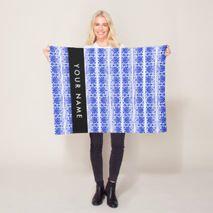 Greek Fret Arabesque Blue, Your Name, Personalise Fleece Blanket