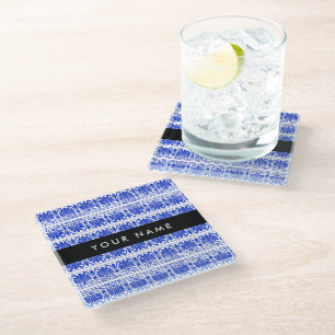 Greek Fret Arabesque Blue, Your Name, Personalise Glass Coaster