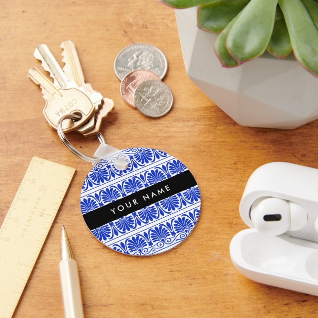 Greek Fret Arabesque Blue, Your Name, Personalise Key Ring (Desk)