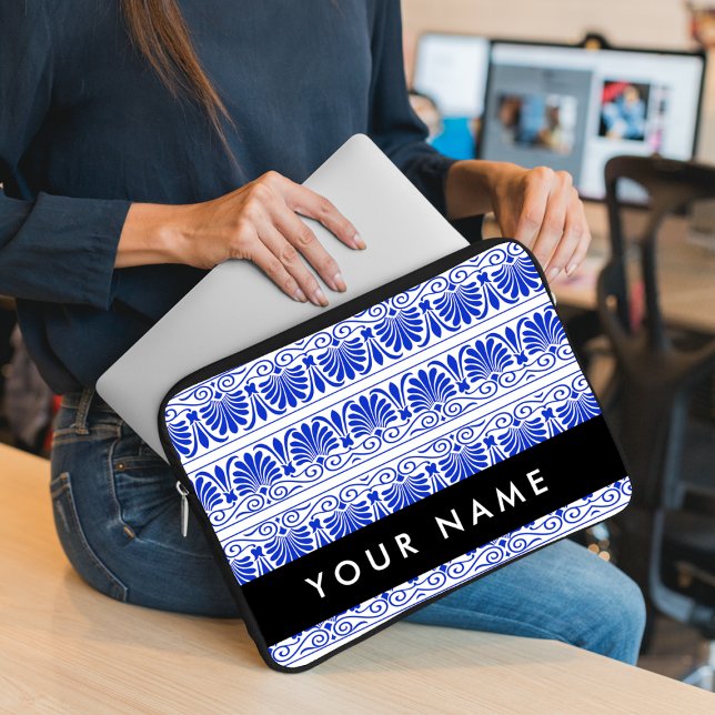 Greek Fret Arabesque Blue, Your Name, Personalise Laptop Sleeve (Creator Uploaded)