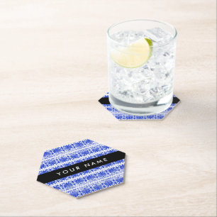 Greek Fret Arabesque Blue, Your Name, Personalise Paper Coaster