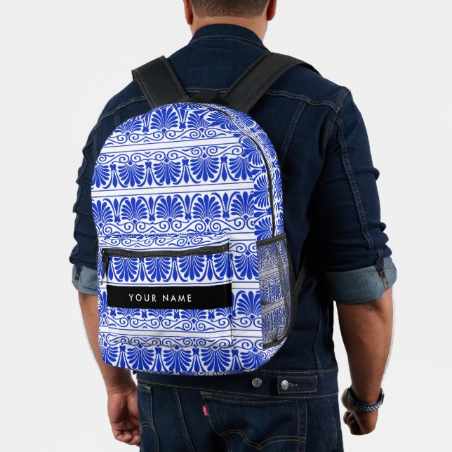 Greek Fret Arabesque Blue, Your Name, Personalise Printed Backpack (Insitu (Model))