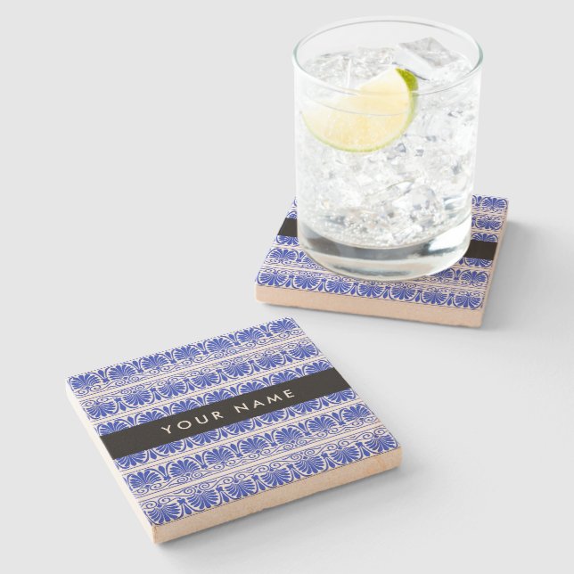 Greek Fret Arabesque Blue, Your Name, Personalise Stone Coaster (Side)