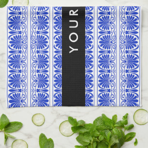 Greek Fret Arabesque Blue, Your Name, Personalise Tea Towel