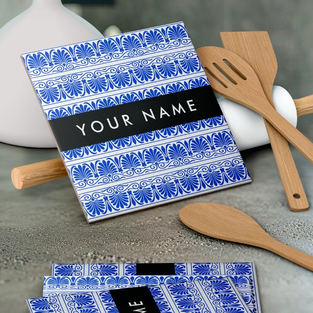 Greek Fret Arabesque Blue, Your Name, Personalise Tile (Creator Uploaded)