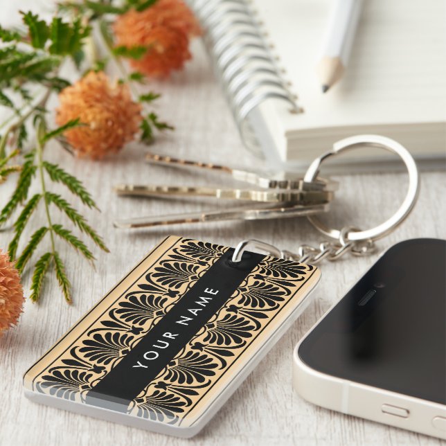 Greek Fret Arabesque Brown, Your Name, Personalise Key Ring (Front Right)