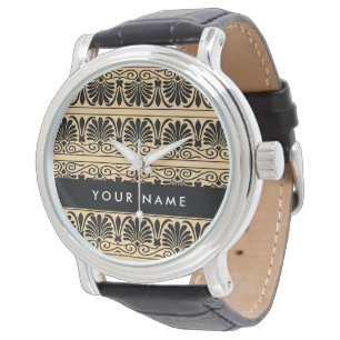 Greek Fret Arabesque Brown, Your Name, Personalise Watch