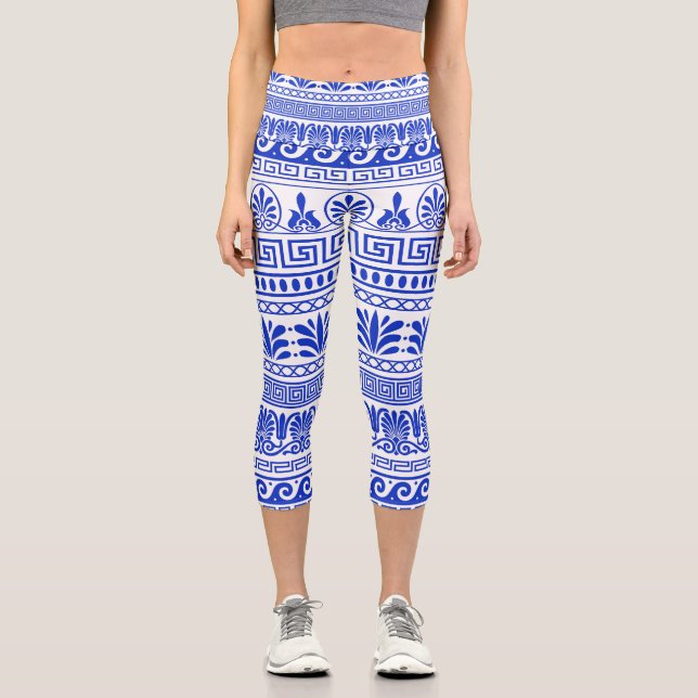 Greek Fret, Mediterranean Pattern, Blue Capri Leggings (Front)