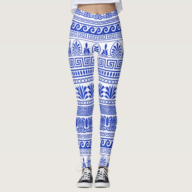 Greek Fret, Mediterranean Pattern, Blue Leggings (Front)