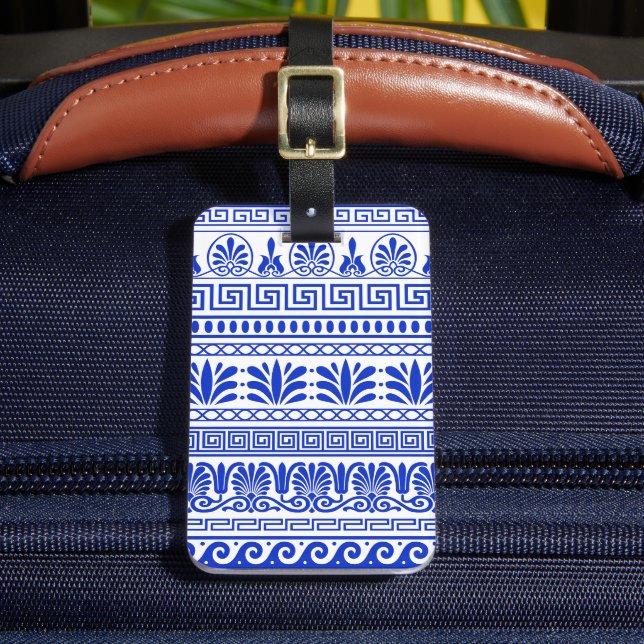 Greek Fret, Mediterranean Pattern, Blue Luggage Tag (Front Insitu 2)