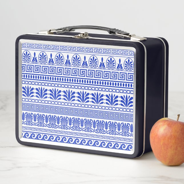 Greek Fret, Mediterranean Pattern, Blue Metal Lunch Box (In Situ)