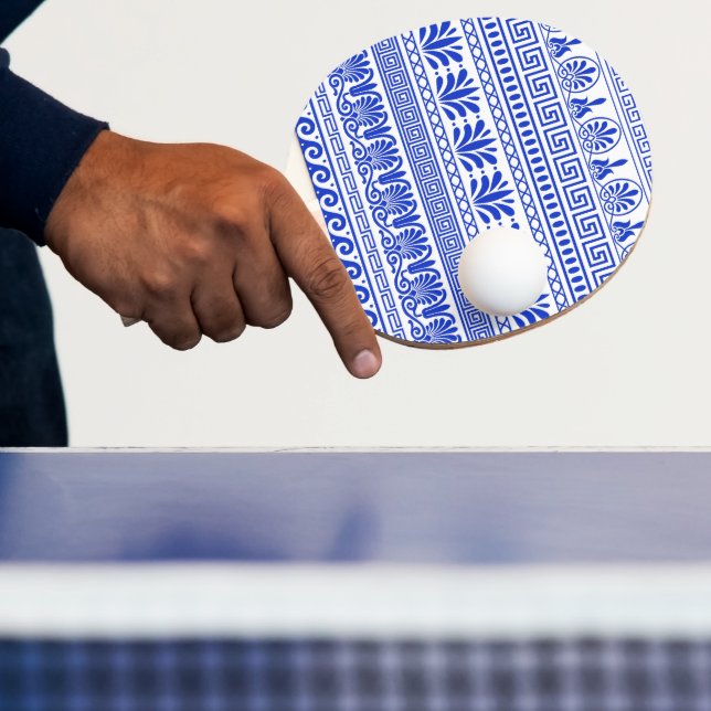 Greek Fret, Mediterranean Pattern, Blue Ping Pong Paddle (Insitu)