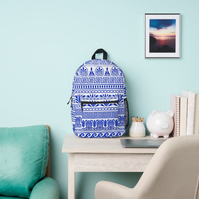 Greek Fret, Mediterranean Pattern, Blue Printed Backpack (Insitu)