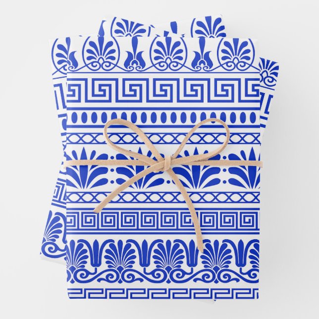 Greek Fret, Mediterranean Pattern, Blue Wrapping Paper Sheet (In situ)
