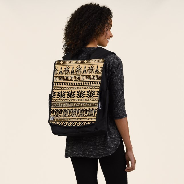 Greek Fret, Mediterranean Pattern, Brown Backpack (Worn)