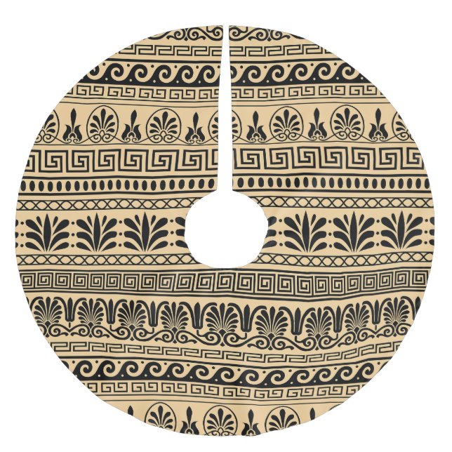 Greek Fret, Mediterranean Pattern, Brown Brushed Polyester Tree Skirt (Front)
