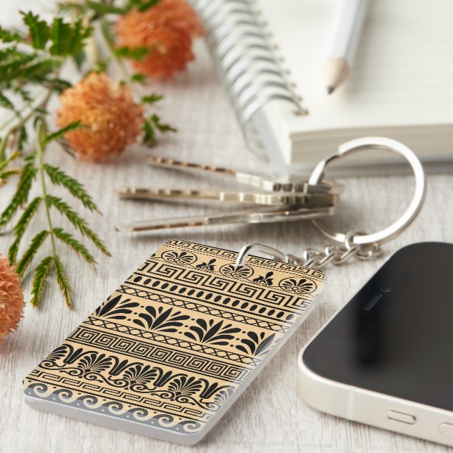 Greek Fret, Mediterranean Pattern, Brown Key Ring (Front Right)