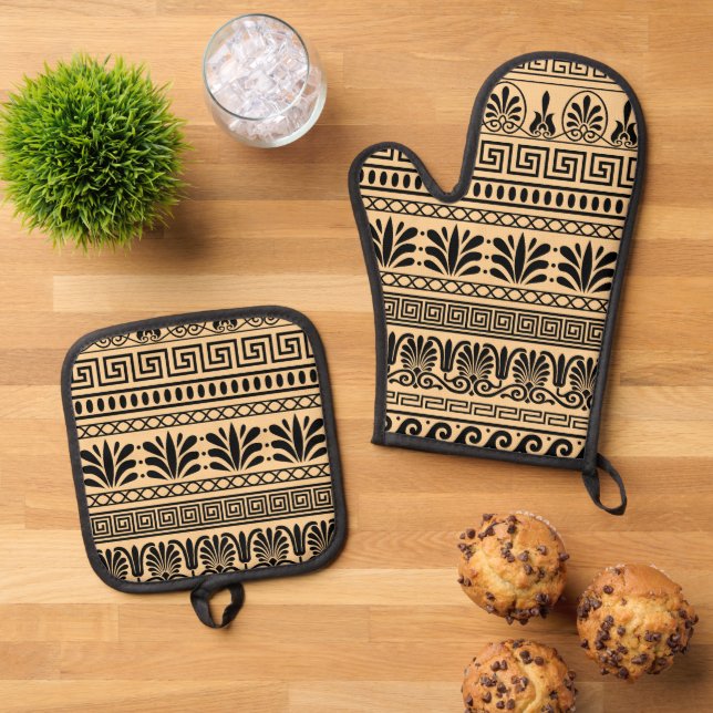 Greek Fret, Mediterranean Pattern, Brown Oven Mitt & Pot Holder Set (Top Down)