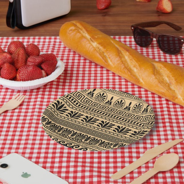 Greek Fret, Mediterranean Pattern, Brown Paper Plate (Picnic)