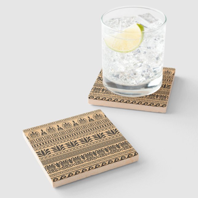 Greek Fret, Mediterranean Pattern, Brown Stone Coaster (Side)