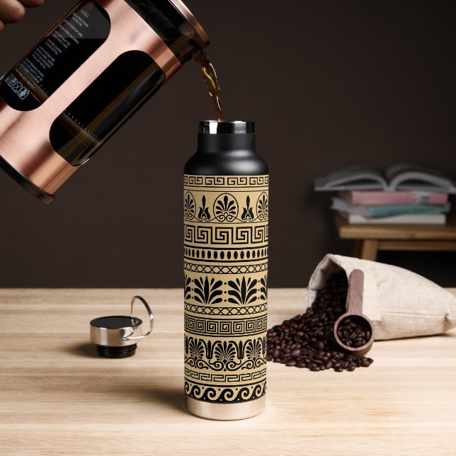 Greek Fret, Mediterranean Pattern, Brown Water Bottle (Coffee)