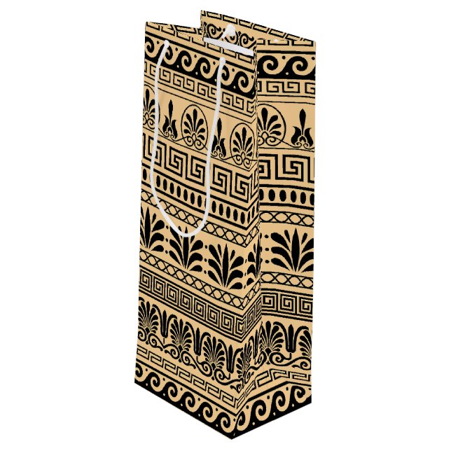 Greek Fret, Mediterranean Pattern, Brown Wine Gift Bag (Back Angled)