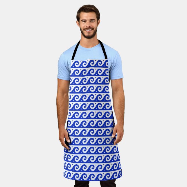 Greek Fret, Mediterranean Wave Pattern, Blue Apron (Worn)