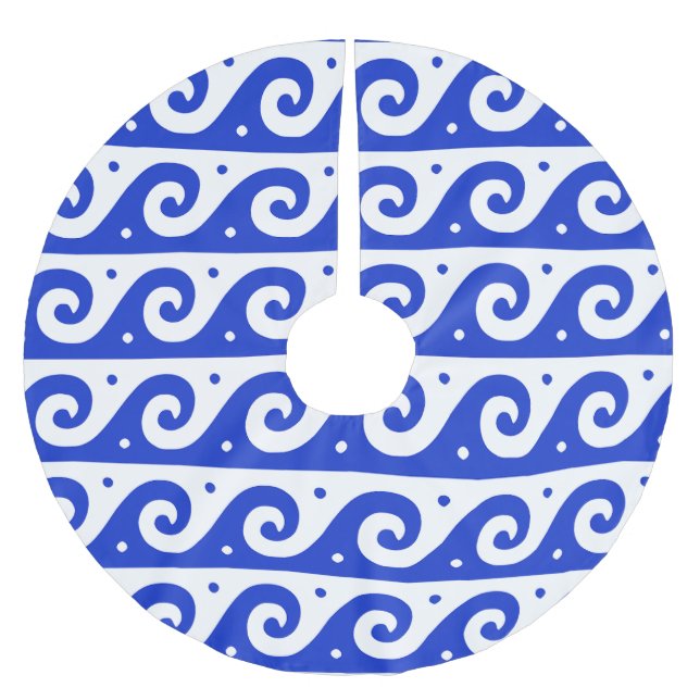Greek Fret, Mediterranean Wave Pattern, Blue Brushed Polyester Tree Skirt (Front)