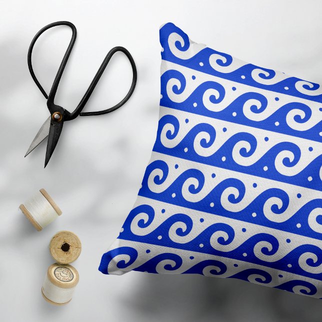 Greek Fret, Mediterranean Wave Pattern, Blue Decorative Cushion (Creator Uploaded)