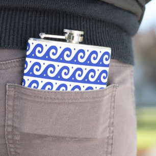 Greek Fret, Mediterranean Wave Pattern, Blue Hip Flask