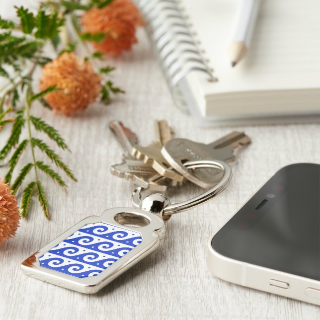Greek Fret, Mediterranean Wave Pattern, Blue Key Ring (Side)