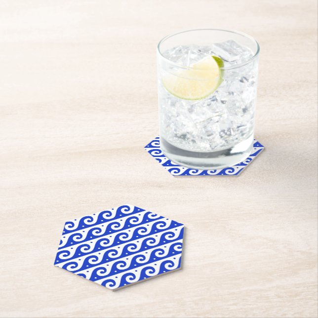 Greek Fret, Mediterranean Wave Pattern, Blue Paper Coaster (Insitu)
