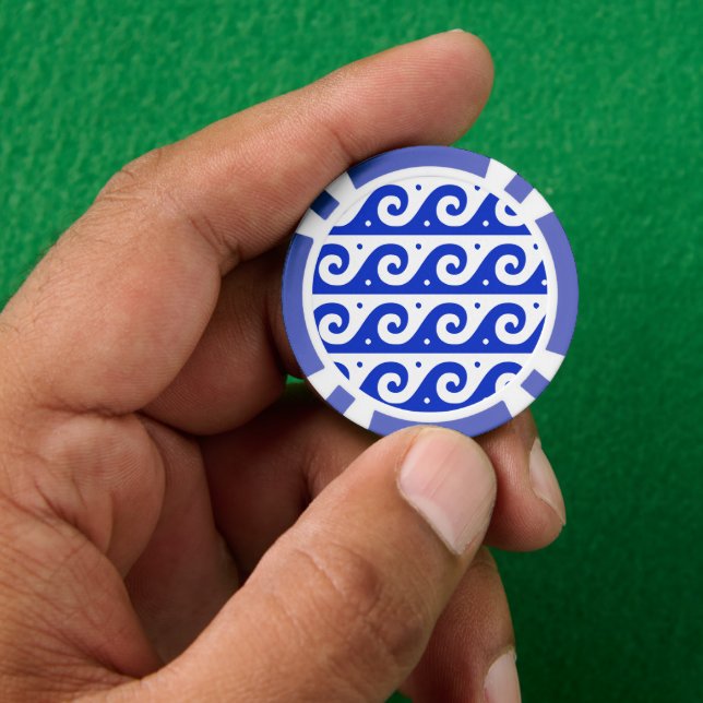 Greek Fret, Mediterranean Wave Pattern, Blue Poker Chips (Hand)