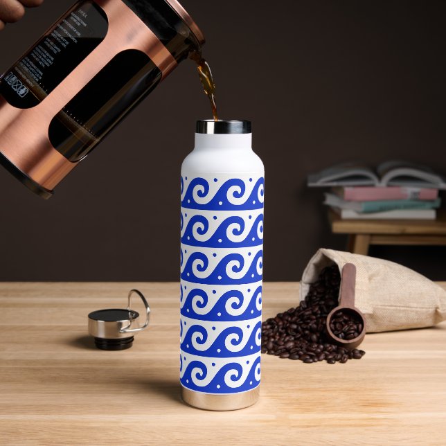 Greek Fret, Mediterranean Wave Pattern, Blue Water Bottle (Coffee)