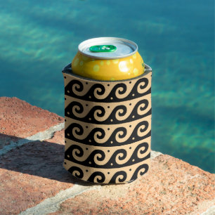 Greek Fret, Mediterranean Wave Pattern, Brown Can Cooler