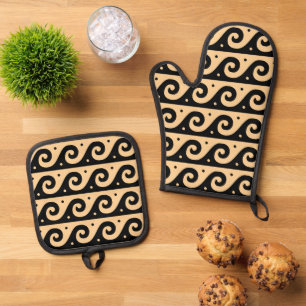 Greek Fret, Mediterranean Wave Pattern, Brown Oven Mitt & Pot Holder Set