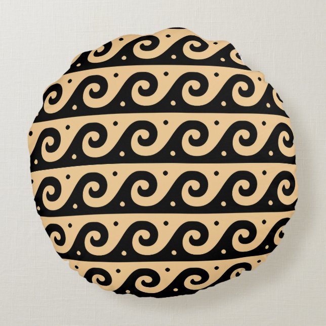 Greek Fret, Mediterranean Wave Pattern, Brown Round Cushion (Back)