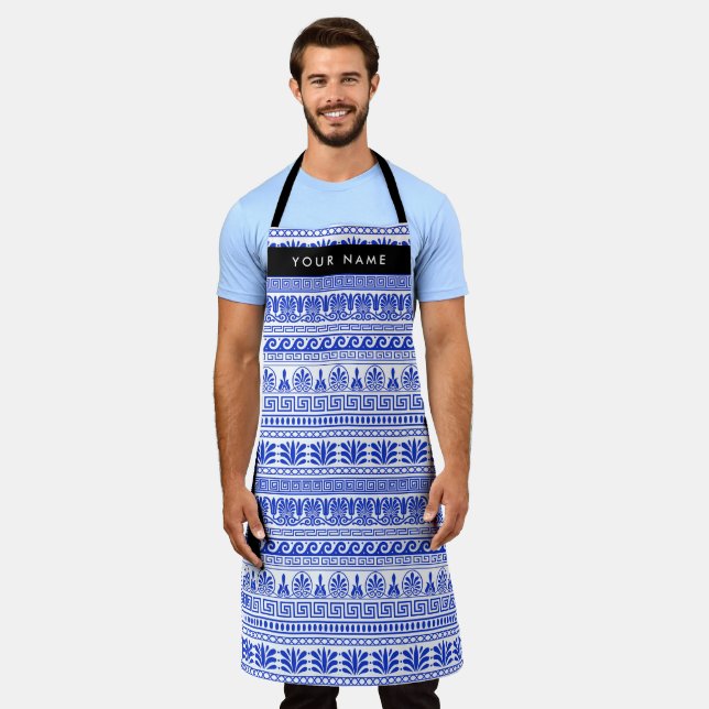 Greek Fret, Mixed Meander Key, Blue, Your Name Apron (Worn)